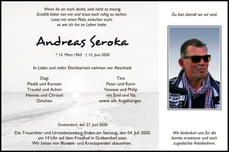  Traueranzeige für Andreas Seroka vom 27.06.2020 aus WRS