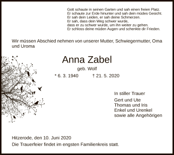 Traueranzeige von Anna Zabel von WRS