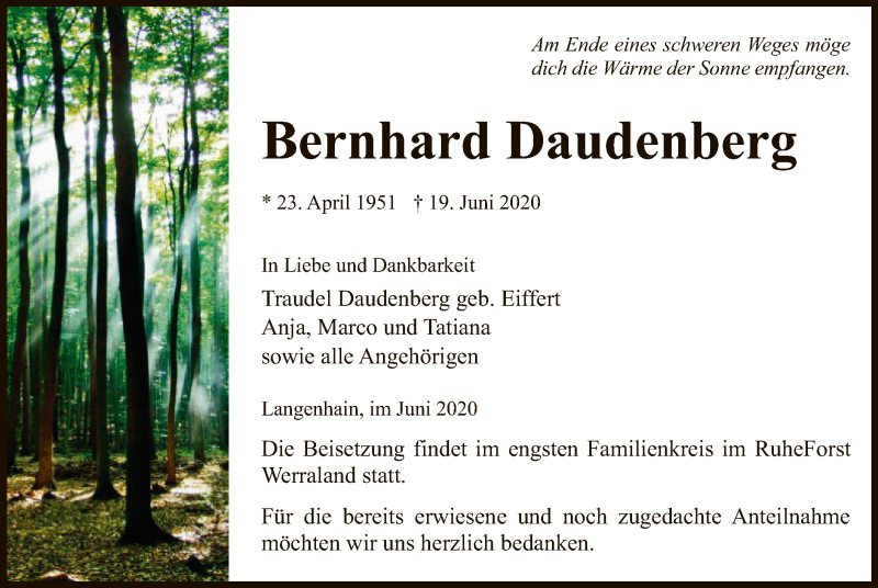  Traueranzeige für Bernhard Daudenberg vom 24.06.2020 aus WRS