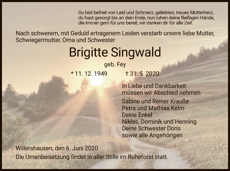  Traueranzeige für Brigitte Singwald vom 06.06.2020 aus WRS