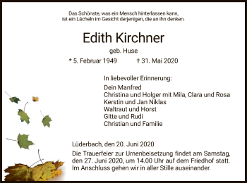 Traueranzeige von Edith Kirchner von WRS