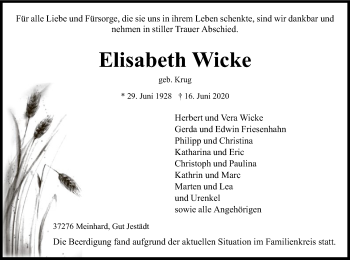 Traueranzeige von Elisabeth Wicke von WRS