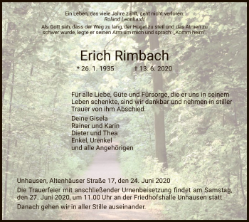 Traueranzeige von Erich Rimbach von WRS