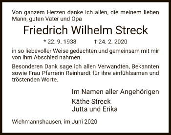 Traueranzeige von Friedrich Wilhelm Streck von WRS