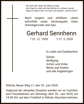 Traueranzeige von Gerhard Sennhenn von WRS