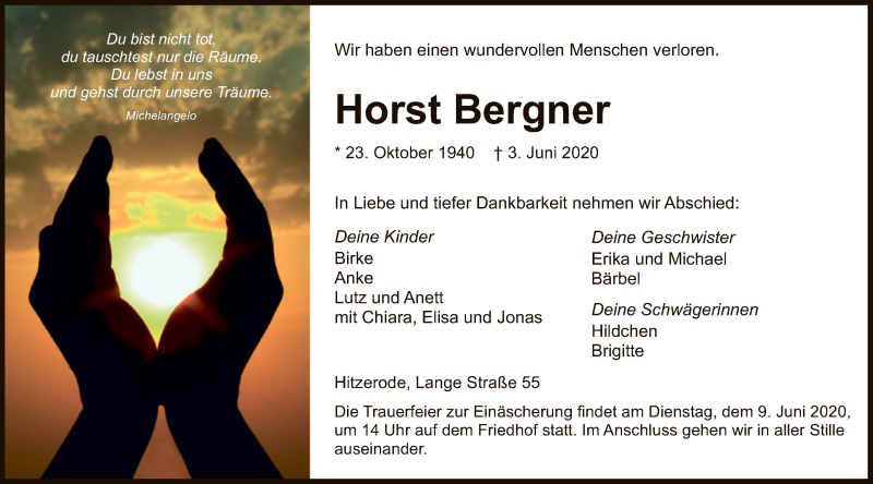  Traueranzeige für Horst Bergner vom 06.06.2020 aus WRS