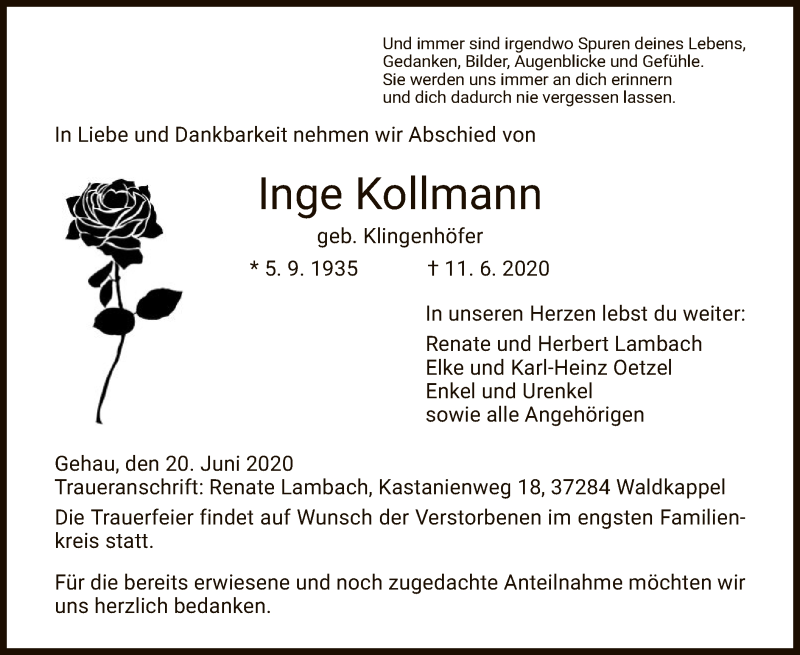  Traueranzeige für Inge Kollmann vom 20.06.2020 aus WRS