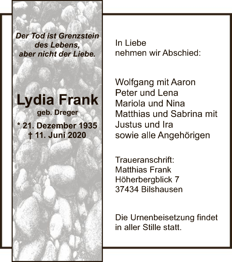  Traueranzeige für Lydia Frank vom 20.06.2020 aus WRS