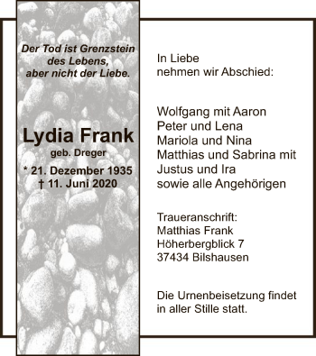 Traueranzeige von Lydia Frank von WRS