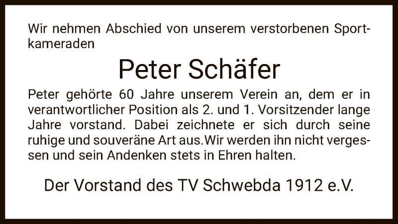  Traueranzeige für Peter Schäfer vom 13.06.2020 aus WRS