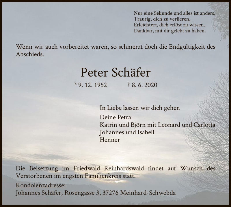  Traueranzeige für Peter Schäfer vom 13.06.2020 aus WRS