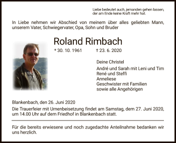 Traueranzeige von Roland Rimbach von WRS