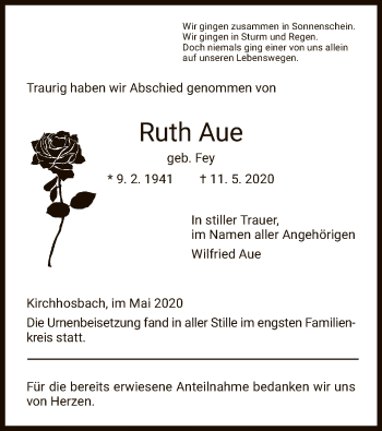 Traueranzeige von Ruth Aue von WRS