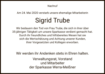 Traueranzeige von Sigrid Trube von WRS