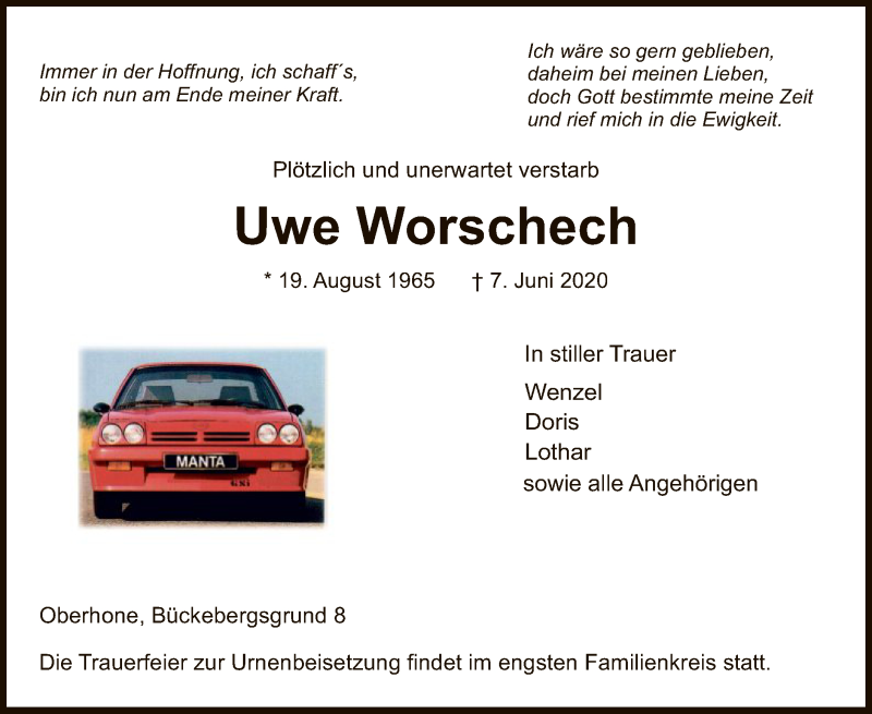  Traueranzeige für Uwe Worschech vom 24.06.2020 aus WRS