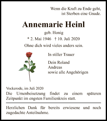 Traueranzeige von Annemarie Heinl von WRS