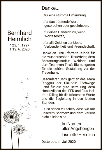 Traueranzeige von Bernhard Heimlich von WRS