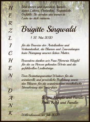 Traueranzeige von Brigitte Singwald von WRS