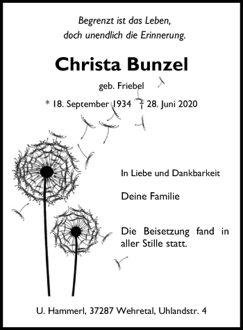 Traueranzeige von Christa Bunzel von WRS