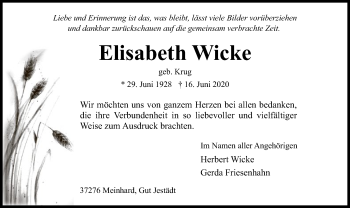 Traueranzeige von Elisabeth Wicke von WRS