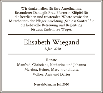 Traueranzeige von Elisabeth Wiegand von WRS