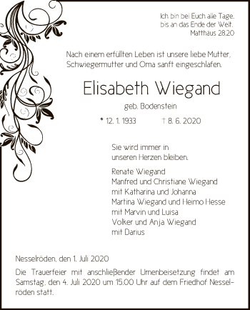 Traueranzeige von Elisabeth Wiegand von WRS