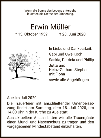 Traueranzeige von Erwin Müller von WRS