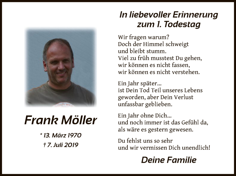 Traueranzeige für Frank Möller vom 07.07.2020 aus WRS