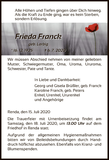 Traueranzeige von Frieda Franck von WRS