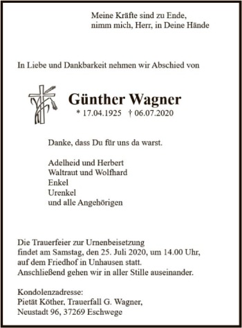 Traueranzeige von Günther Wagner von WRS