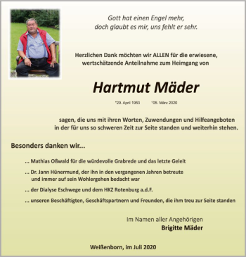 Traueranzeige von Hartmut Mäder von WRS