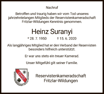 Traueranzeige von Heinz Suranyi von WRS