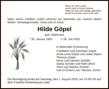 Traueranzeige von Hilde Göpel von WRS