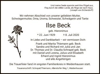 Traueranzeige von Ilse Beck von WRS