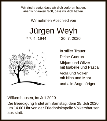 Traueranzeige von Jürgen Weyh von WRS