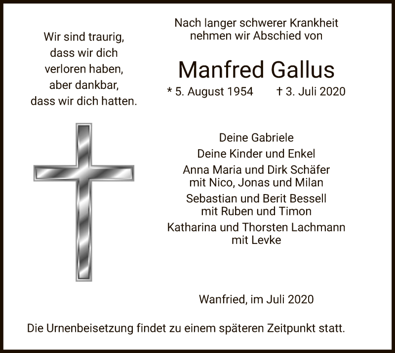  Traueranzeige für Manfred Gallus vom 11.07.2020 aus WRS