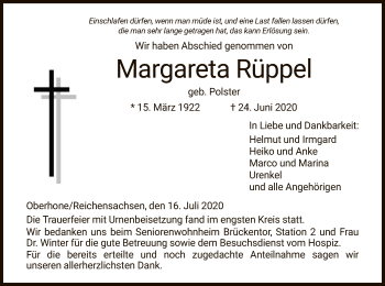 Traueranzeige von Margareta Rüppel von WRS