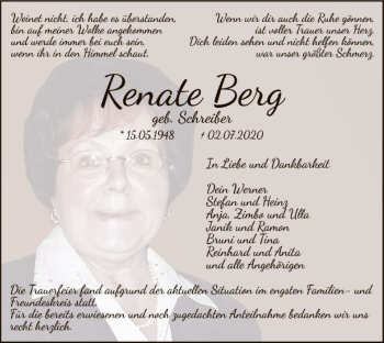 Traueranzeige von Renate Berg von WRS