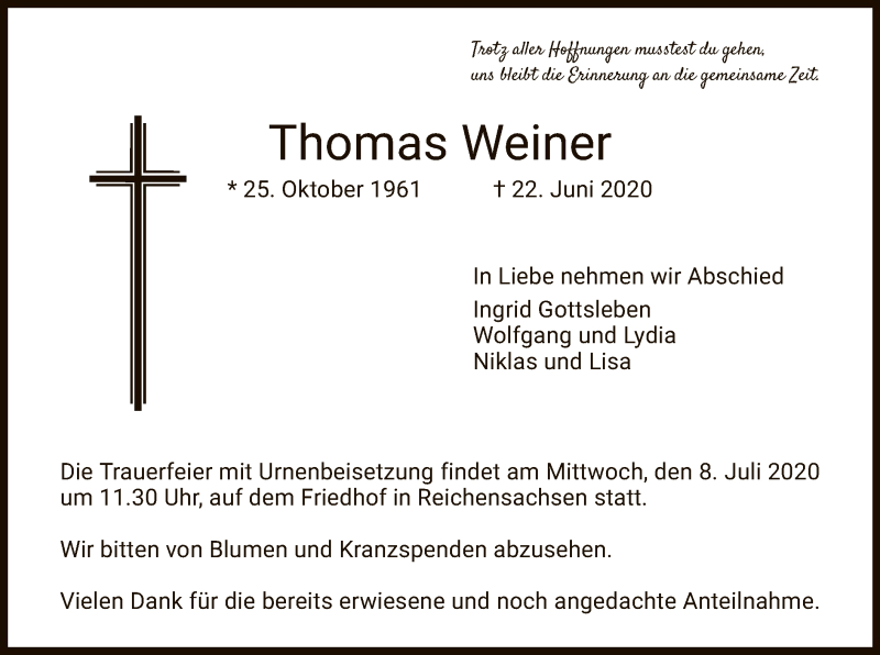  Traueranzeige für Thomas Weiner vom 04.07.2020 aus WRS