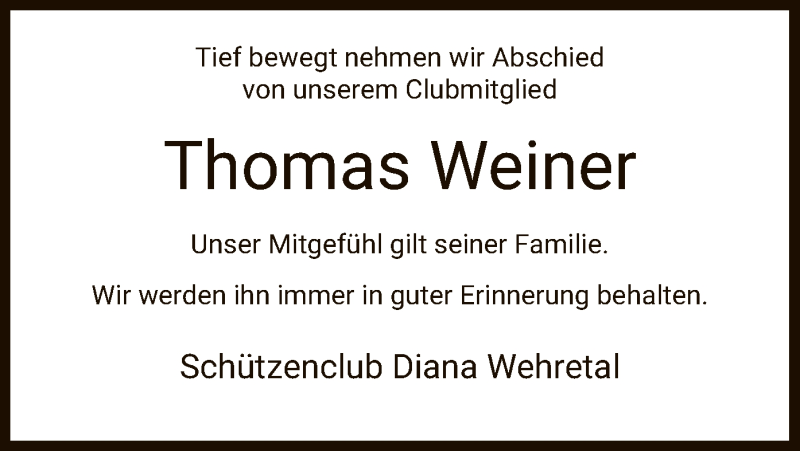  Traueranzeige für Thomas Weiner vom 04.07.2020 aus WRS