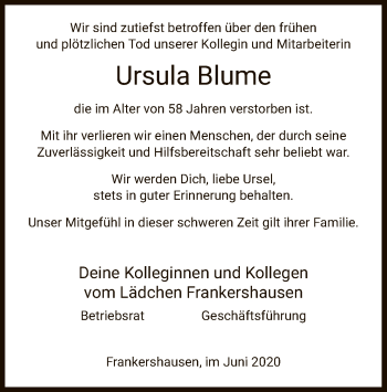 Traueranzeige von Ursula Blume von WRS