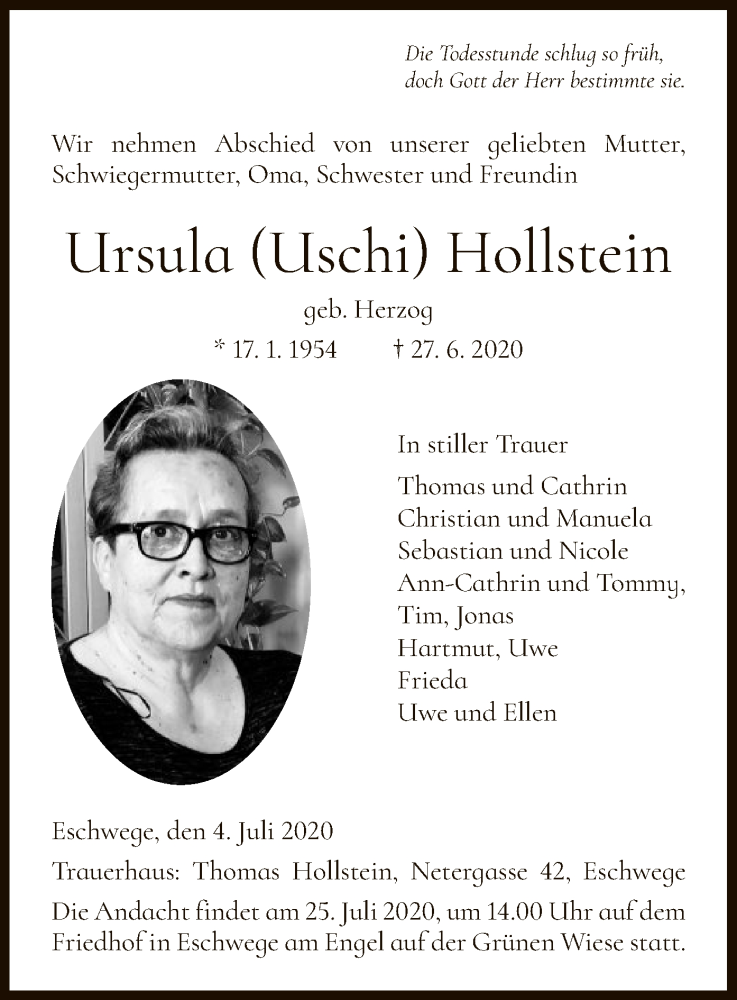  Traueranzeige für Ursula Hollstein vom 04.07.2020 aus WRS