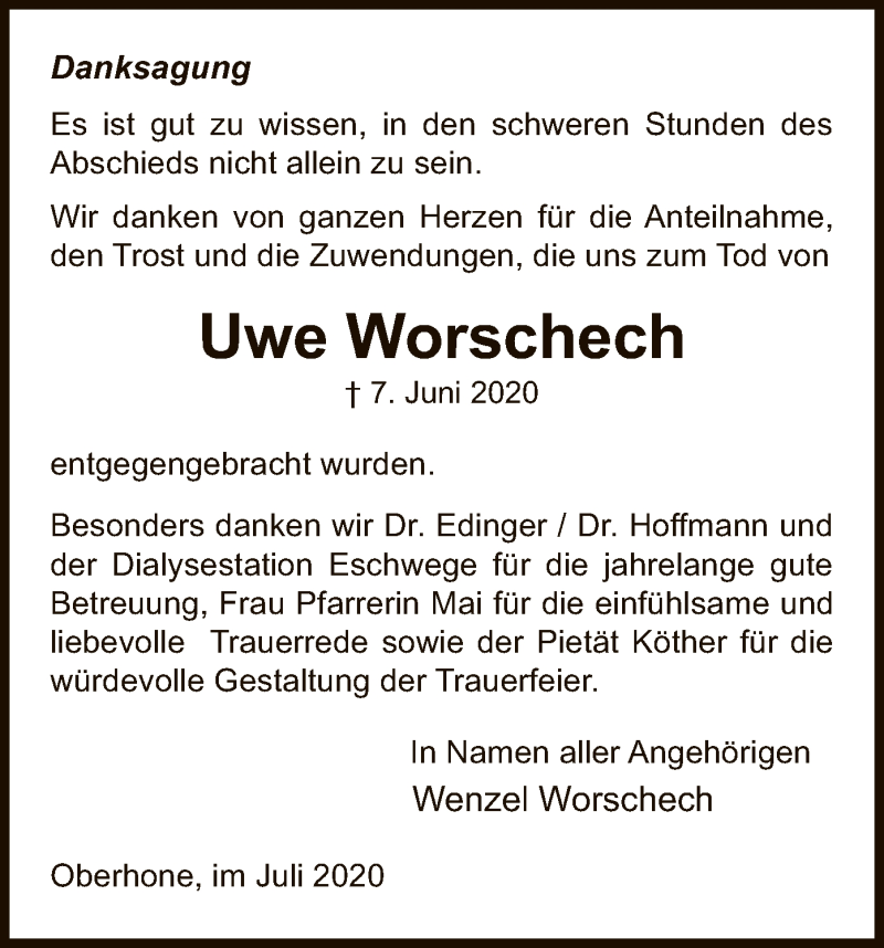  Traueranzeige für Uwe Worschech vom 11.07.2020 aus WRS