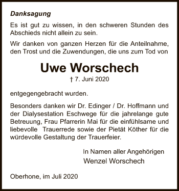 Traueranzeige von Uwe Worschech von WRS