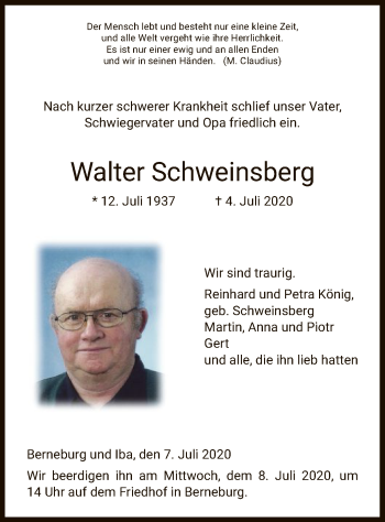 Traueranzeige von Walter Schweinsberg von HNA