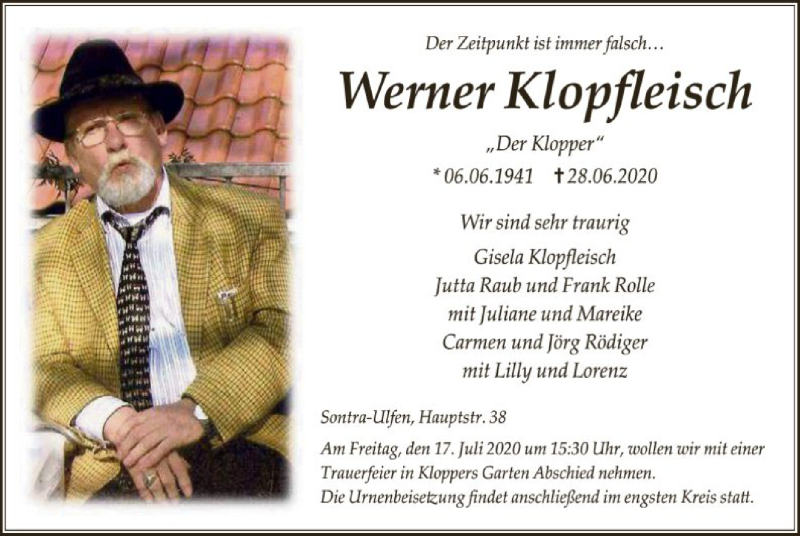  Traueranzeige für Werner Klopfleisch vom 04.07.2020 aus WRS