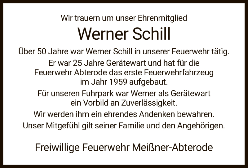  Traueranzeige für Werner Schill vom 11.07.2020 aus WRS