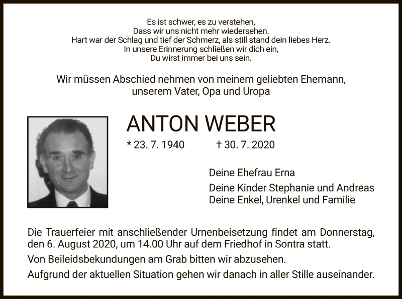  Traueranzeige für Anton Weber vom 04.08.2020 aus WRS