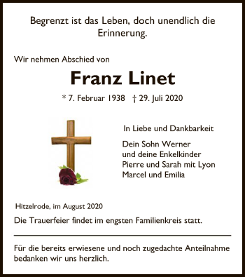 Traueranzeige von Franz Linet von WRS