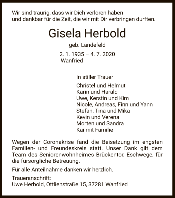 Traueranzeige von Gisela Herbold von WRS